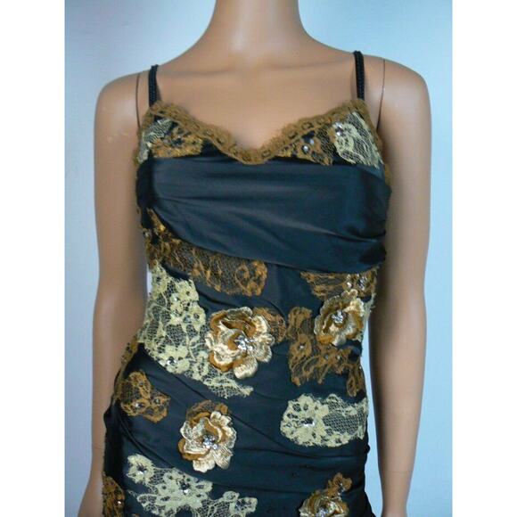$250 Shireen Black Satin Gold Floral Lace Applique Sheath Dress S 4 6 NEW S412 - Picture 3 of 8